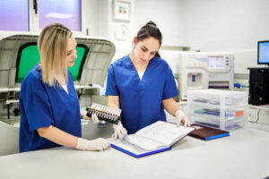 Clinical analytical laboratory female workers organizing samples using a notebook. Laboratory technician developing an uncertainty budget for calibration to ensure precise measurements and regulatory compliance.